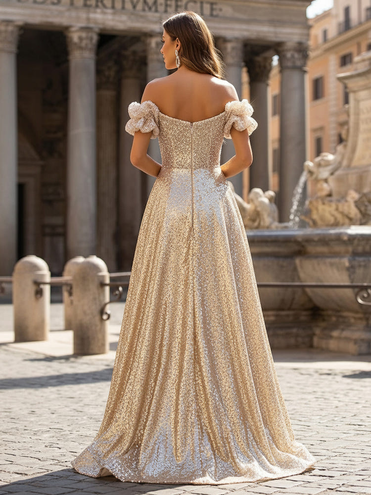 Sequin A Line Off the Shoulder Evening Dresses with Pleats