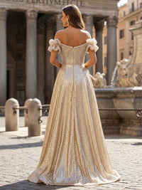Sequin A Line Off the Shoulder Evening Dresses with Pleats