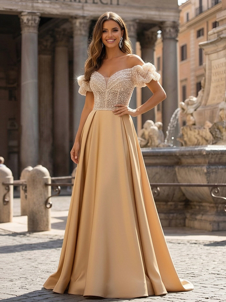 A Line Satin Evening Gown Off the Shoulder Sequin Formal Dresses
