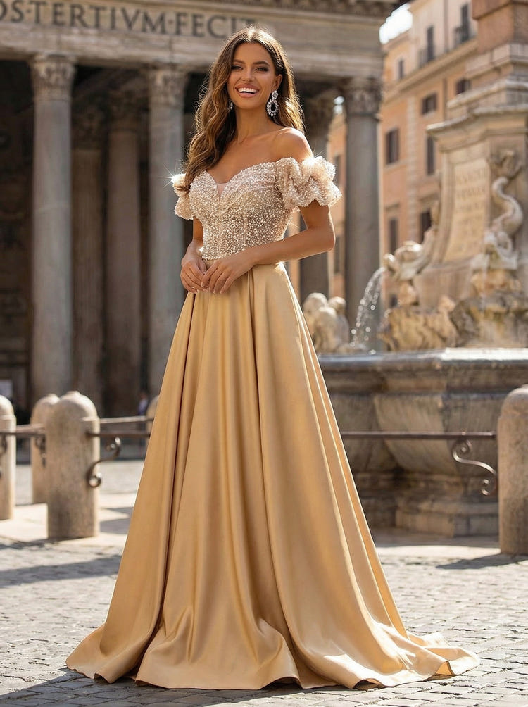 A Line Satin Evening Gown Off the Shoulder Sequin Formal Dresses