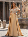 A Line Satin Evening Gown Off the Shoulder Sequin Formal Dresses