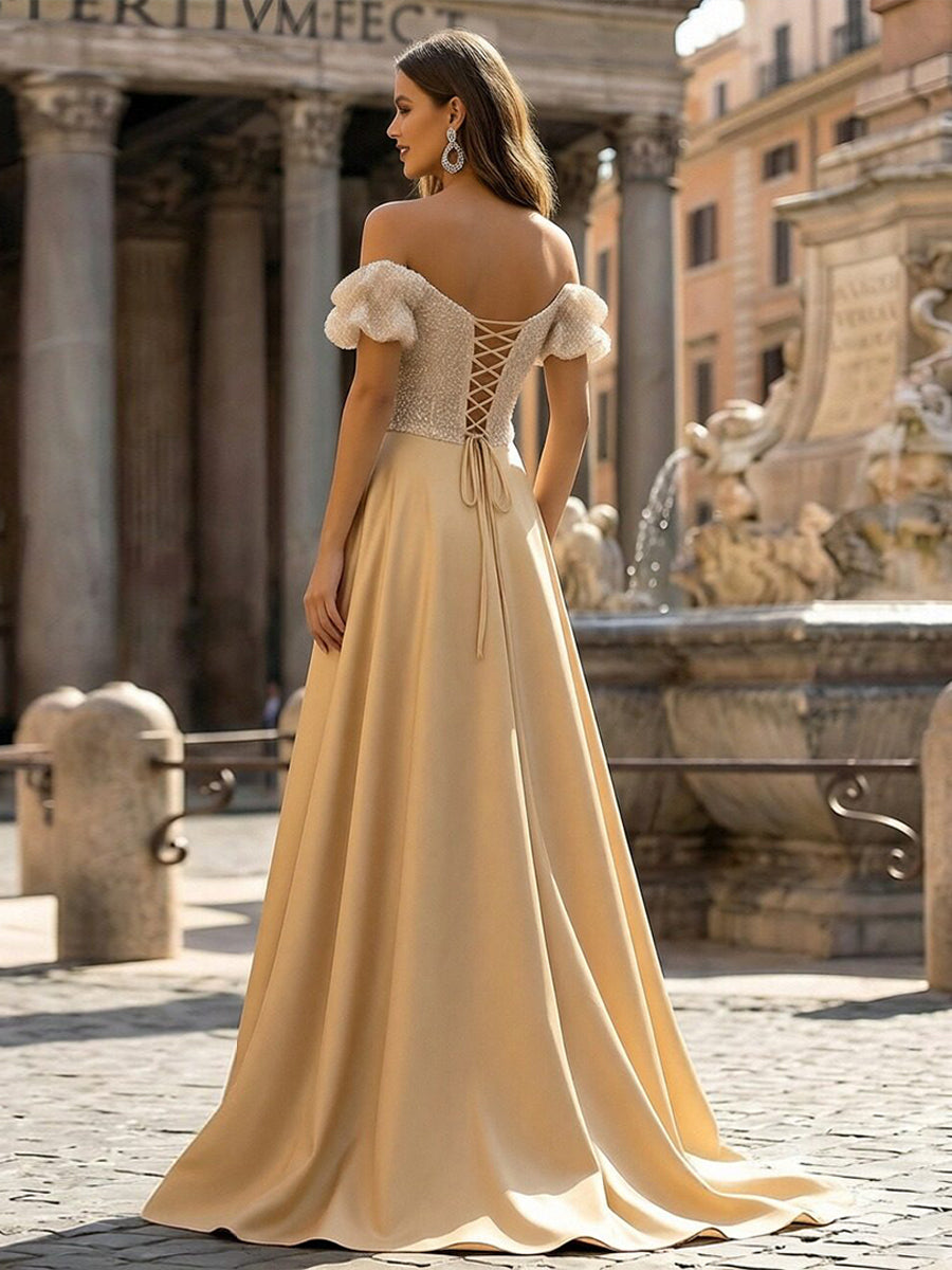 A Line Satin Evening Gown Off the Shoulder Sequin Formal Dresses