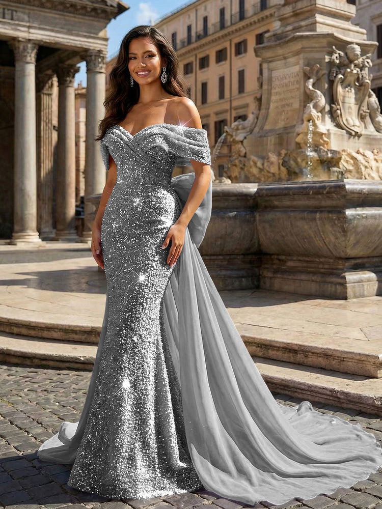 Sequin Embroidery Mermaid Off the Shoulder Sequin Evening Dresses