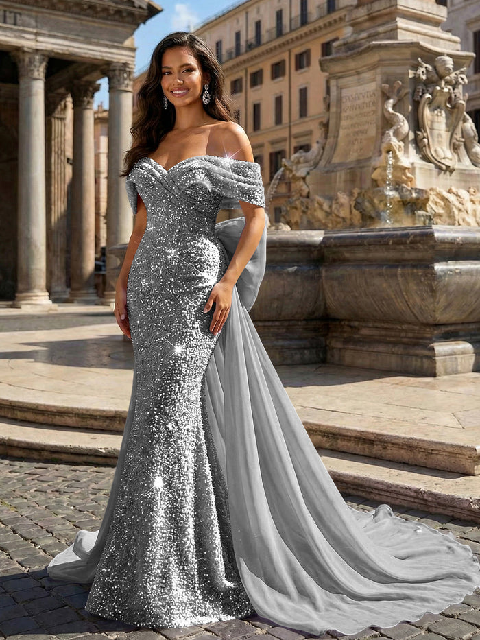 Sequin Embroidery Mermaid Off the Shoulder Sequin Evening Dresses