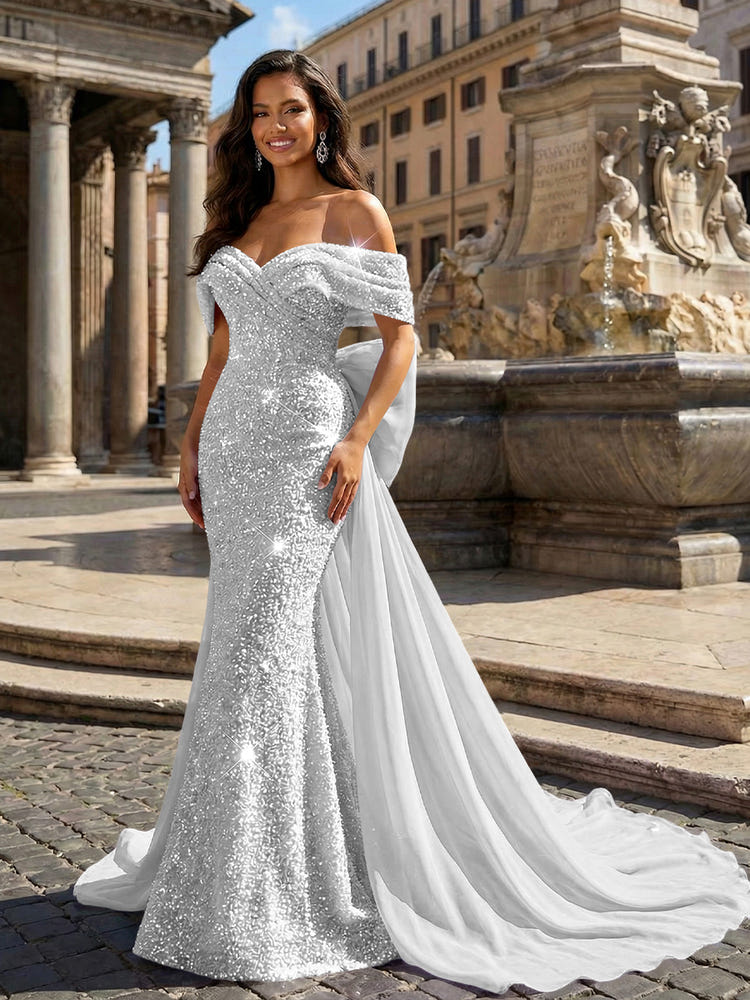 Sequin Embroidery Mermaid Off the Shoulder Sequin Evening Dresses