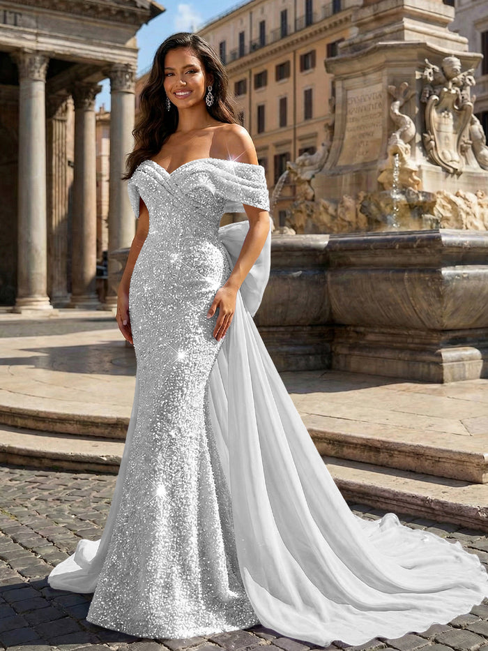 Sequin Embroidery Mermaid Off the Shoulder Sequin Evening Dresses