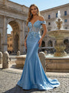 Satin Mermaid Off the Shoulder Evening Dresses with Floral Applique