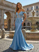 Satin Mermaid Off the Shoulder Evening Dresses with Floral Applique