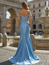Satin Mermaid Off the Shoulder Evening Dresses with Floral Applique