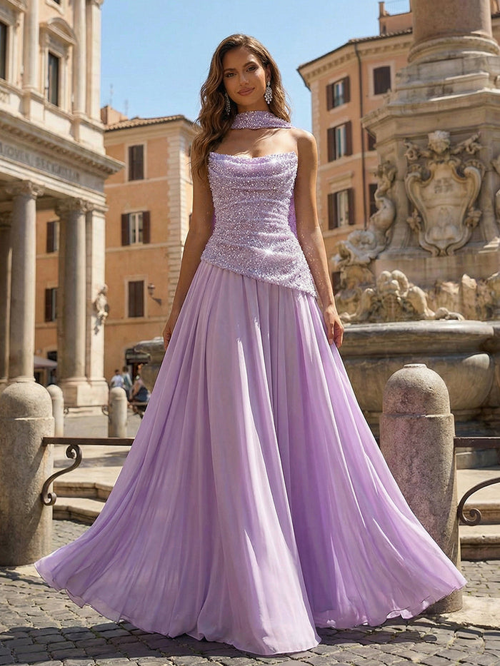 Chiffon A Line Strapless Sequin Prom Dresses