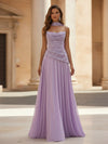 A Line Sequin Chiffon Strapless Evening Dresses with Scarf