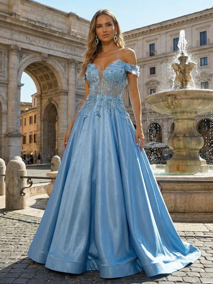 Satin A Line Off the Shoulder Prom Dresses with Applique