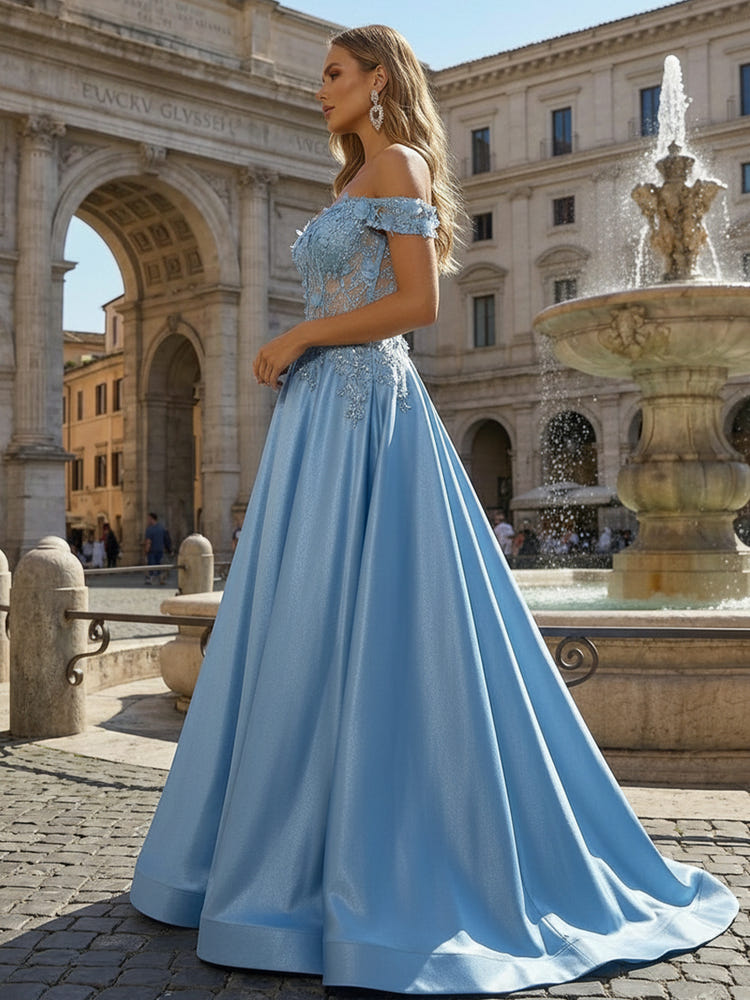 Satin A Line Off the Shoulder Prom Dresses with Applique