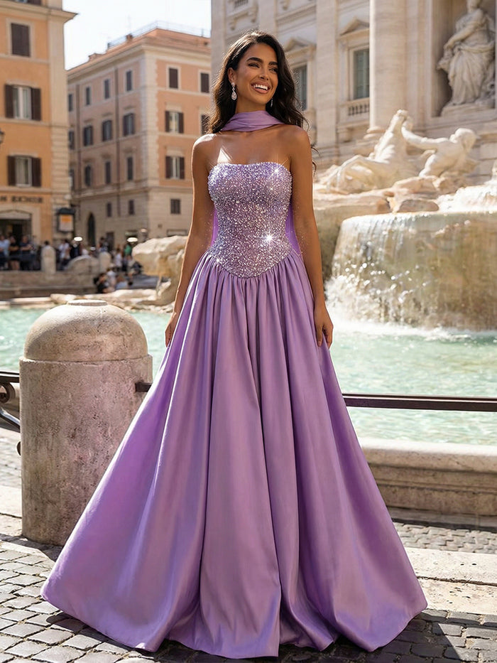 Satin A Line Strapless Sequin Prom Dresses