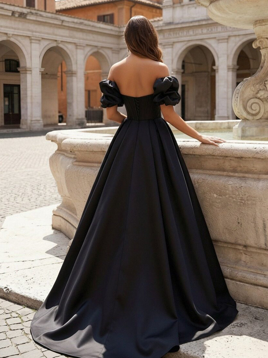 Satin A Line Off the Shoulder Pleated Prom Dresses