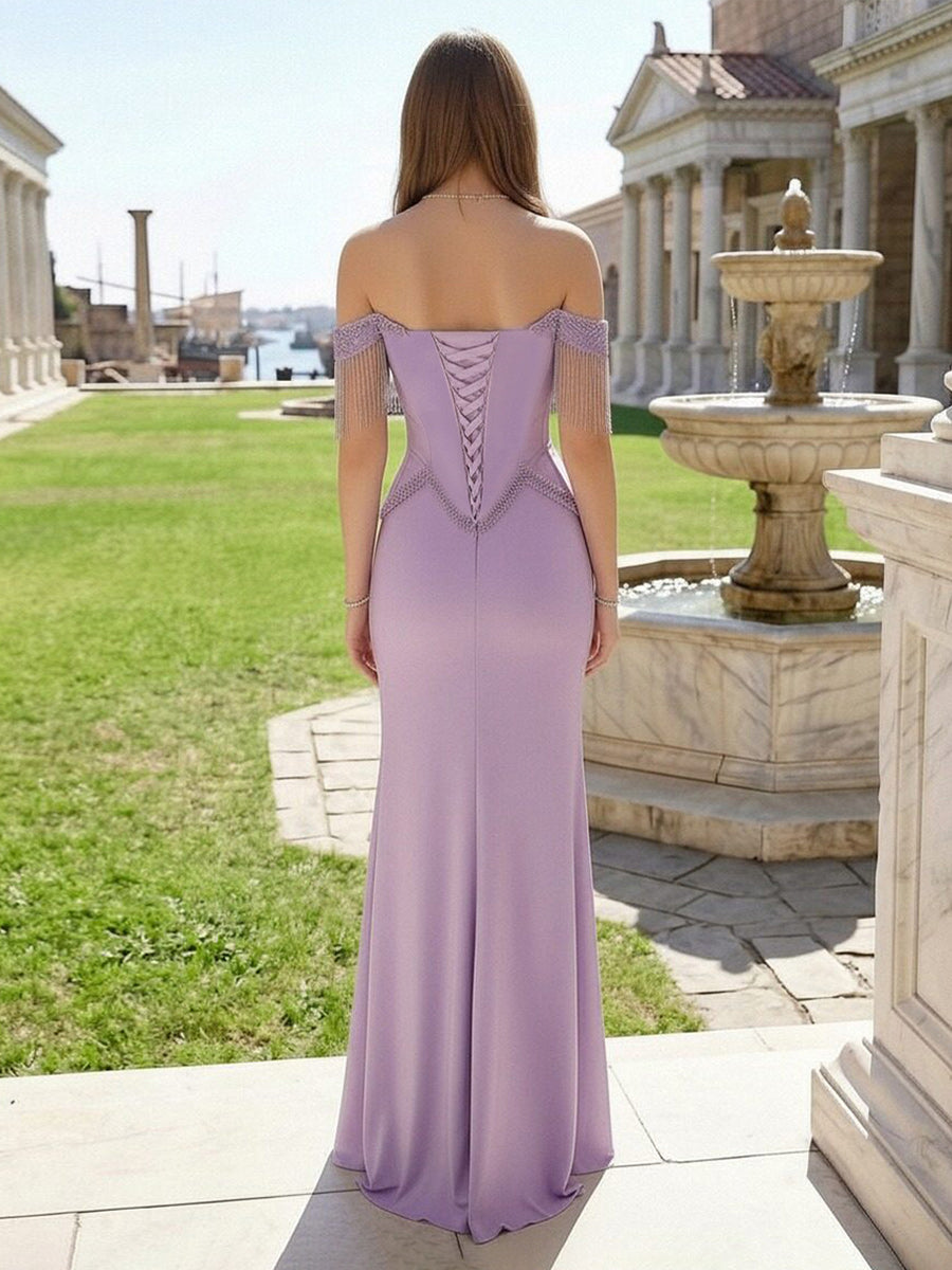 Off the Shoulder Satin Mermaid Prom Dresses with Slit