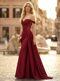 Off the Shoulder Satin Mermaid Prom Dresses with Lace Appliques