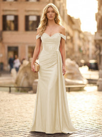 Off the Shoulder Satin Mermaid Prom Dresses with Lace Appliques