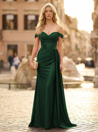 Off the Shoulder Satin Mermaid Prom Dresses with Lace Appliques