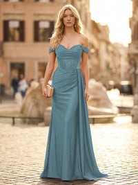 Off the Shoulder Satin Mermaid Prom Dresses with Lace Appliques