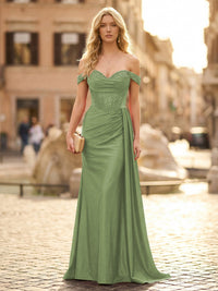 Off the Shoulder Satin Mermaid Prom Dresses with Lace Appliques