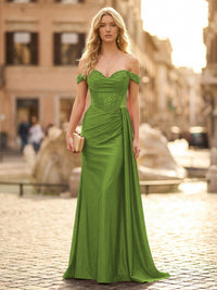 Off the Shoulder Satin Mermaid Prom Dresses with Lace Appliques