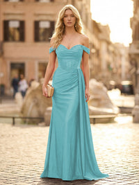 Off the Shoulder Satin Mermaid Prom Dresses with Lace Appliques