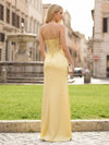 Strapless Lace Appliques Satin Prom Dresses with Slit
