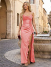 Long Halter Neck Sequin Satin Mermaid Formal Dresses with Slit and Ruffles