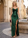 Long Halter Neck Sequin Satin Mermaid Formal Dresses with Slit and Ruffles