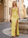 Long Halter Neck Sequin Satin Mermaid Formal Dresses with Slit and Ruffles