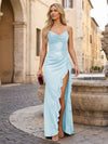 Long Halter Neck Sequin Satin Mermaid Formal Dresses with Slit and Ruffles