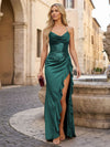 Long Halter Neck Sequin Satin Mermaid Formal Dresses with Slit and Ruffles