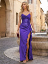 Long Halter Neck Sequin Satin Mermaid Formal Dresses with Slit and Ruffles