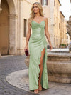 Long Halter Neck Sequin Satin Mermaid Formal Dresses with Slit and Ruffles