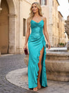 Long Halter Neck Sequin Satin Mermaid Formal Dresses with Slit and Ruffles