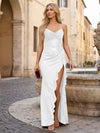 Long Halter Neck Sequin Satin Mermaid Formal Dresses with Slit and Ruffles