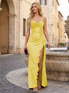 Long Halter Neck Sequin Satin Mermaid Formal Dresses with Slit and Ruffles