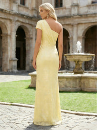 One Shoulder Formal Sequin Mermaid Evening Dresses with Slit and Caps