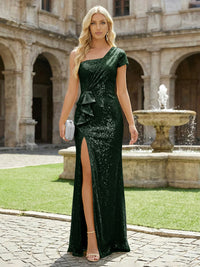 One Shoulder Formal Sequin Mermaid Evening Dresses with Slit and Caps