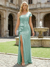 One Shoulder Formal Sequin Mermaid Evening Dresses with Slit and Caps