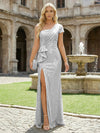 One Shoulder Formal Sequin Mermaid Evening Dresses with Slit and Caps