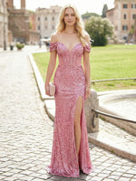 Off the Shoulder Evening Dresses Sequin Mermaid Formal Gown with Slit