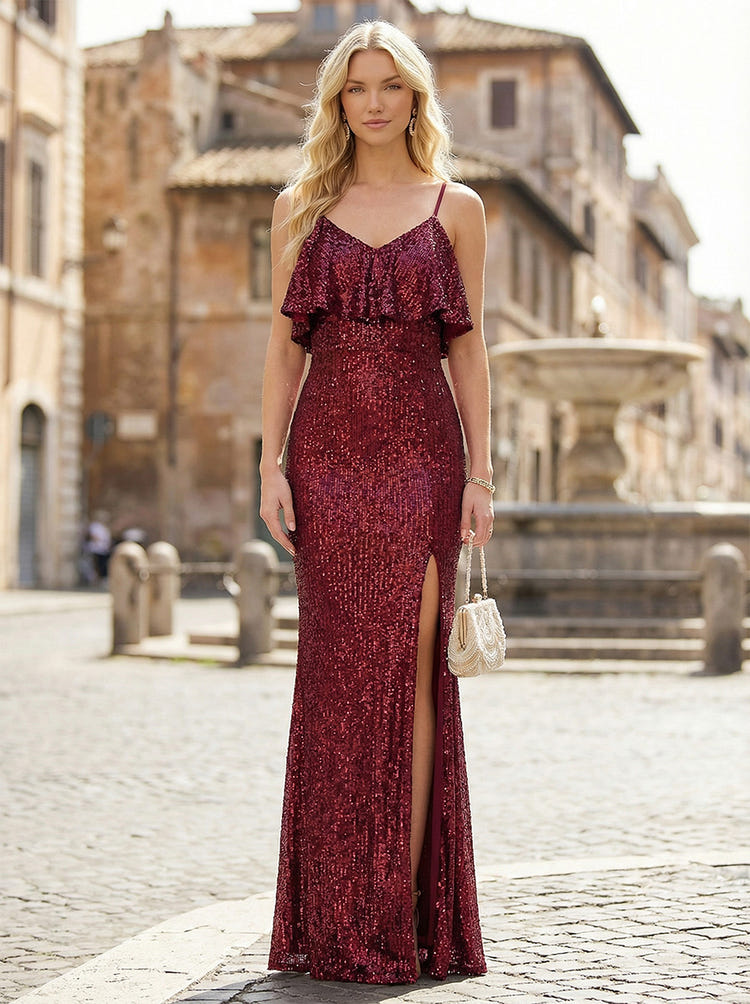 Spaghetti Straps Sequin Formal Dresses with Slit