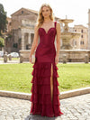 Spaghetti Straps Satin Tiered Chiffon Prom Dresses with Slit