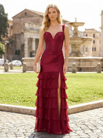 Spaghetti Straps Satin Tiered Chiffon Prom Dresses with Slit