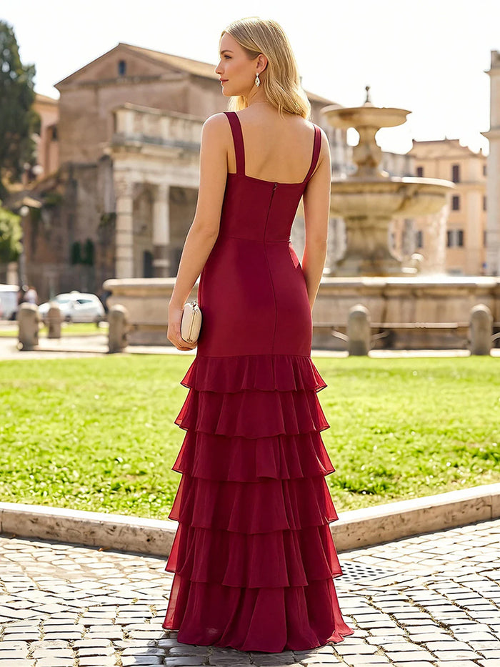 Spaghetti Straps Satin Tiered Chiffon Prom Dresses with Slit