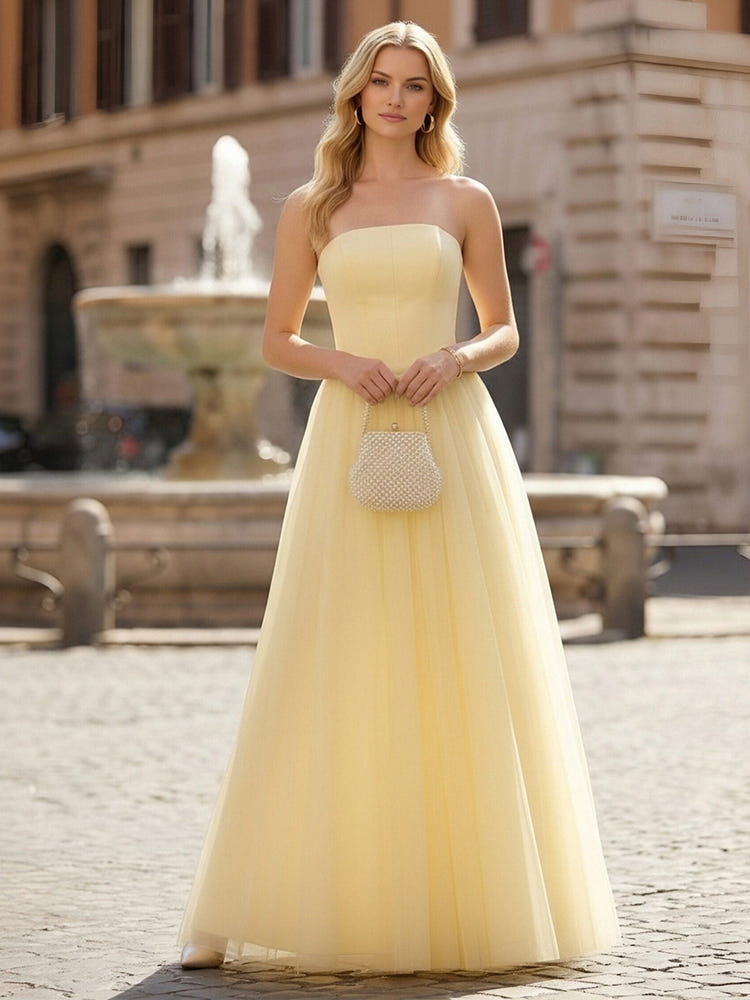 Classic Strapless Satin Tulle Formal Dresses A Line Prom Dresses