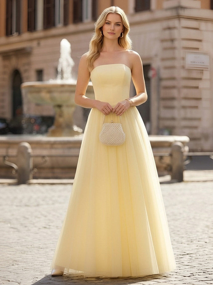 Classic Strapless Satin Tulle Formal Dresses A Line Prom Dresses