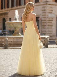 Classic Strapless Satin Tulle Formal Dresses A Line Prom Dresses